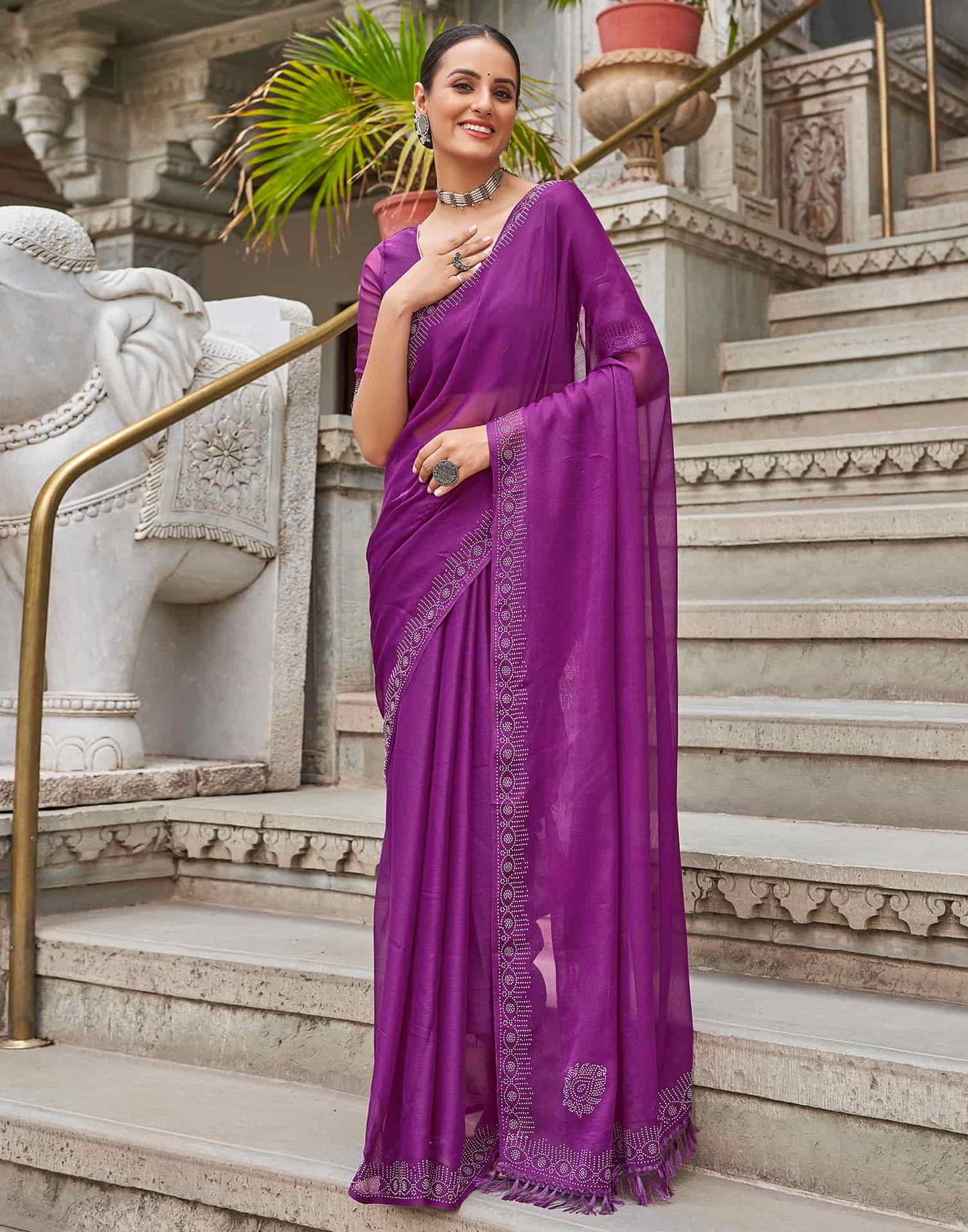 Purple Swarovski Chiffon Stone Work Saree