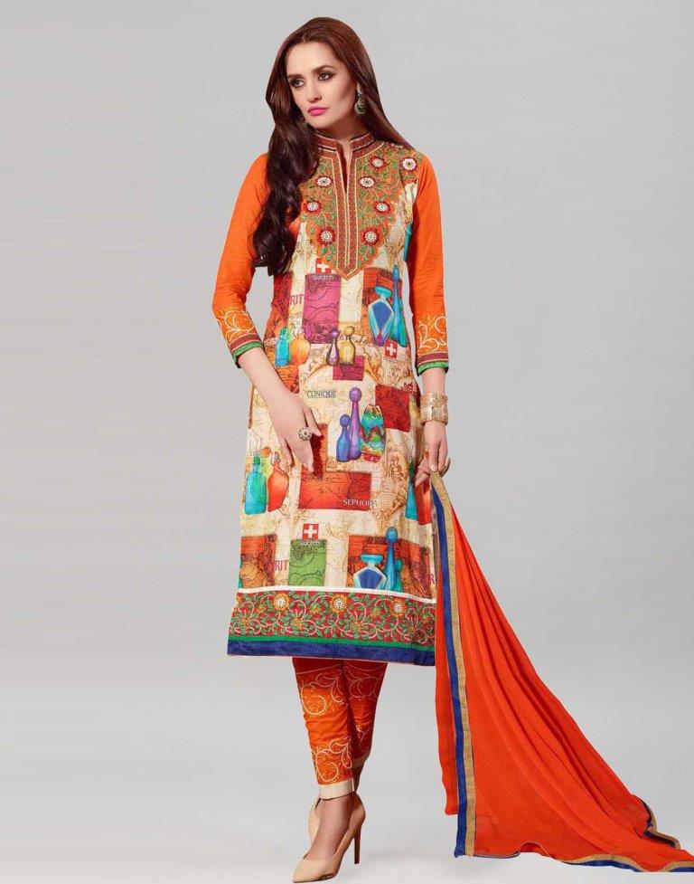 Orange Cotton Printed Embroidered Unstitched Salwar Suit | Sudathi