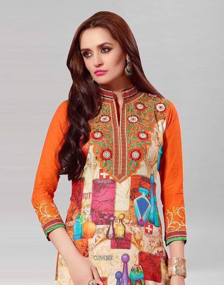 Orange Cotton Printed Embroidered Unstitched Salwar Suit | Sudathi