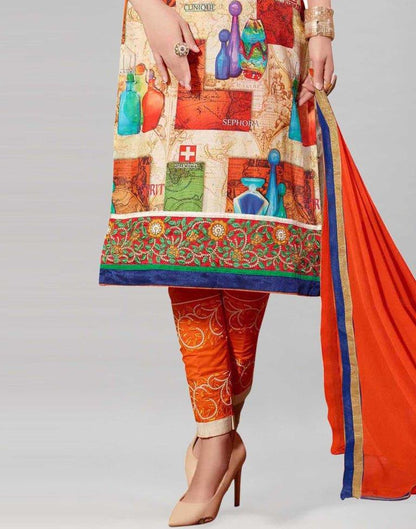 Orange Cotton Printed Embroidered Unstitched Salwar Suit | Sudathi