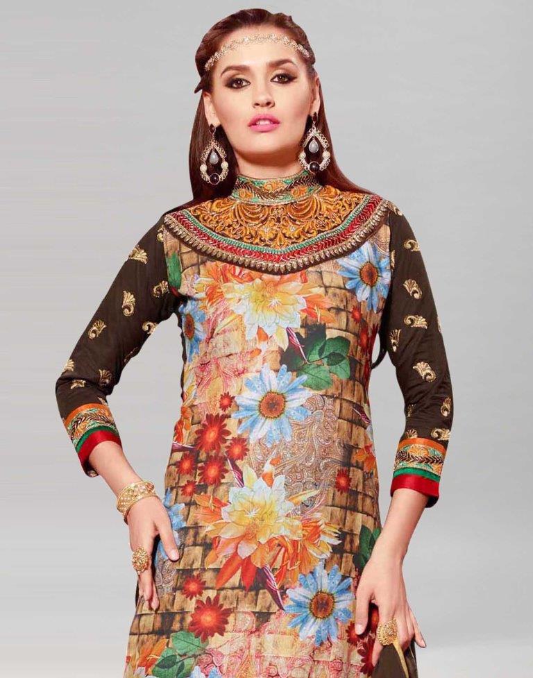 Brown Cotton Printed Embroidered Unstitched Salwar Suit | Sudathi