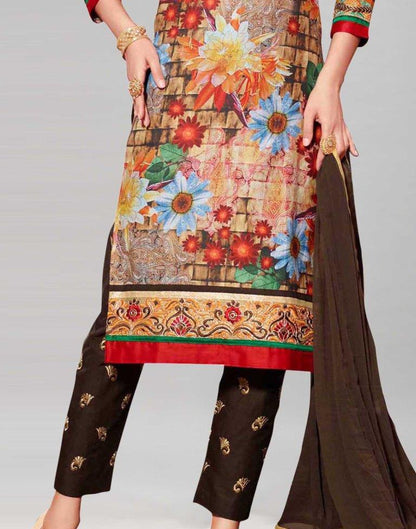 Brown Cotton Printed Embroidered Unstitched Salwar Suit | Sudathi