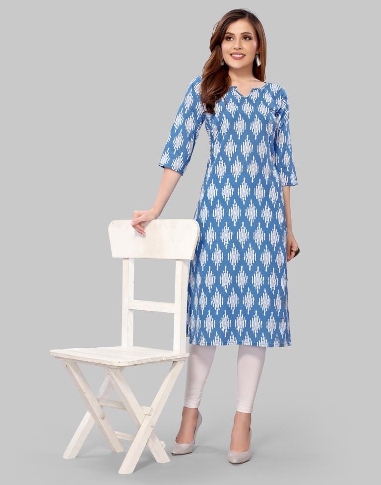 Cerilian Blue Digital Printed Crepe Kurti | Leemboodi