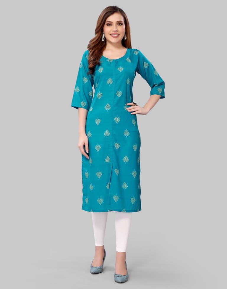 Teal Blue Digital Printed Crepe Kurti | Sudathi