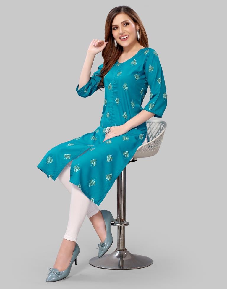 Teal Blue Digital Printed Crepe Kurti | Sudathi