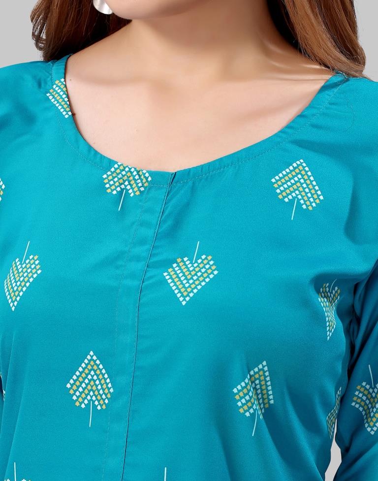 Teal Blue Digital Printed Crepe Kurti | Sudathi