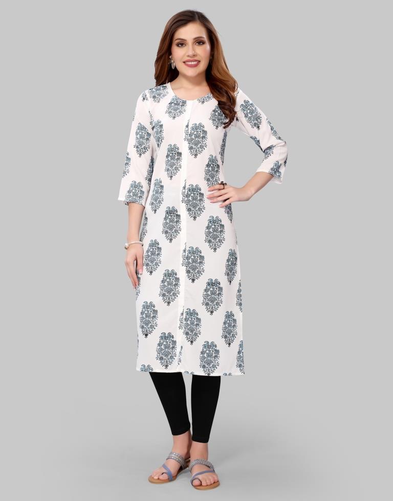 White Digital Printed Crepe Kurti | Leemboodi