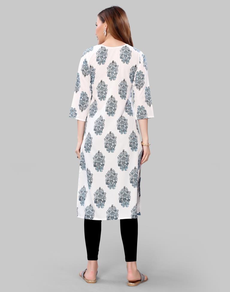 White Digital Printed Crepe Kurti | Leemboodi