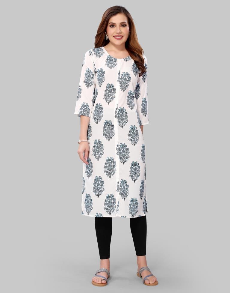 White Digital Printed Crepe Kurti | Leemboodi