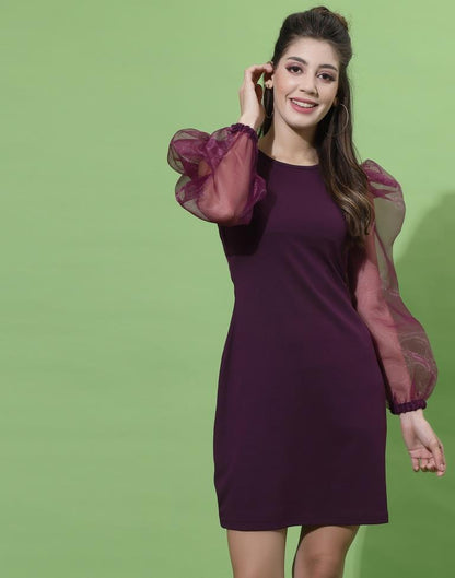 Wine Organza Puff Sleeve Bodycon | Sudathi