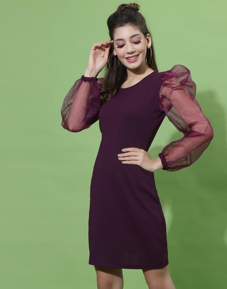 Wine Organza Puff Sleeve Bodycon | Sudathi