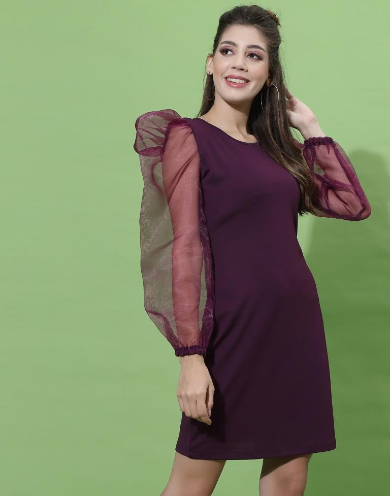 Wine Organza Puff Sleeve Bodycon | Sudathi