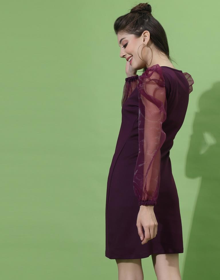 Wine Organza Puff Sleeve Bodycon | Sudathi