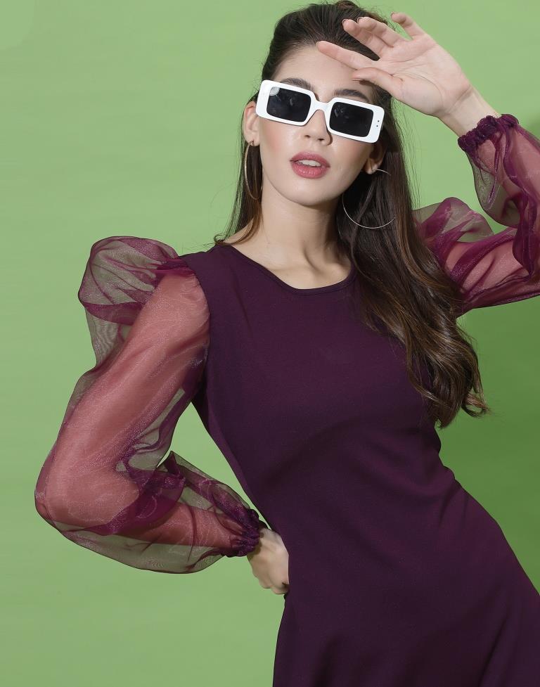 Wine Organza Puff Sleeve Bodycon | Sudathi