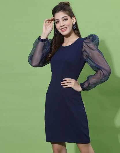 Dark Blue Organza Puff Sleeve Bodycon | Sudathi