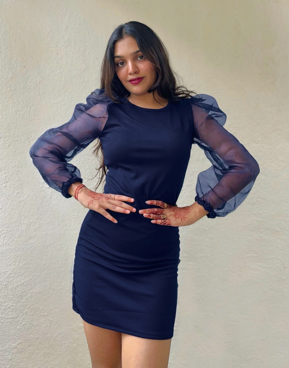 Dark Blue Organza Puff Sleeve Bodycon | Sudathi