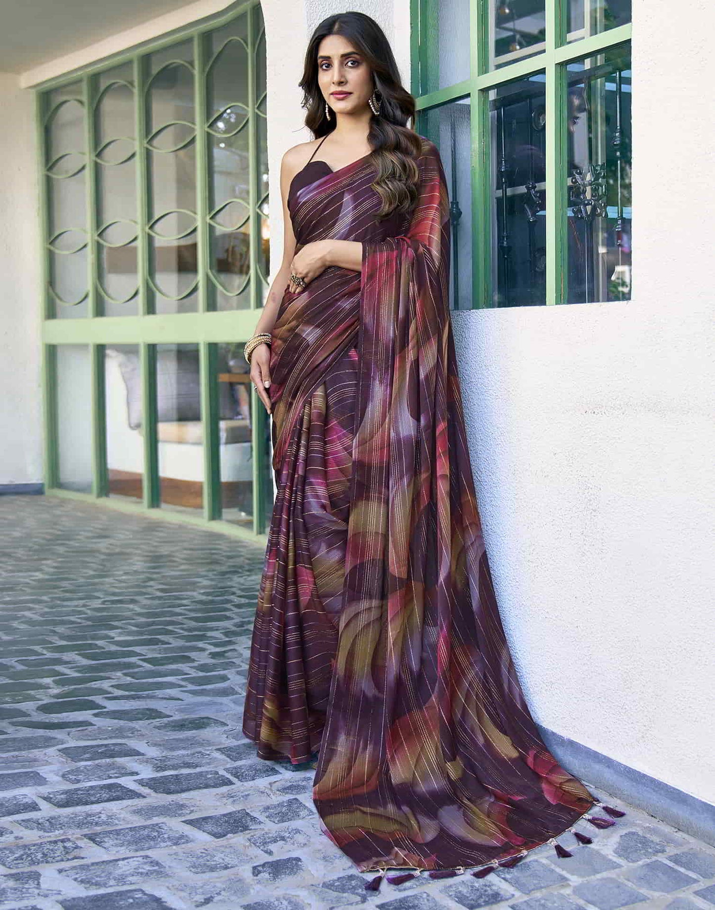 Wine Printed Georgette Woven Saree