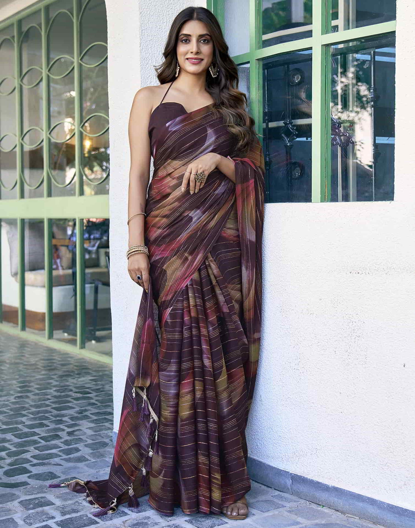 Wine Printed Georgette Woven Saree