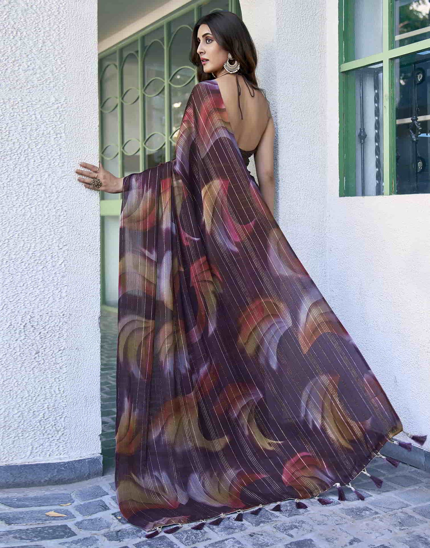 Wine Printed Georgette Woven Saree