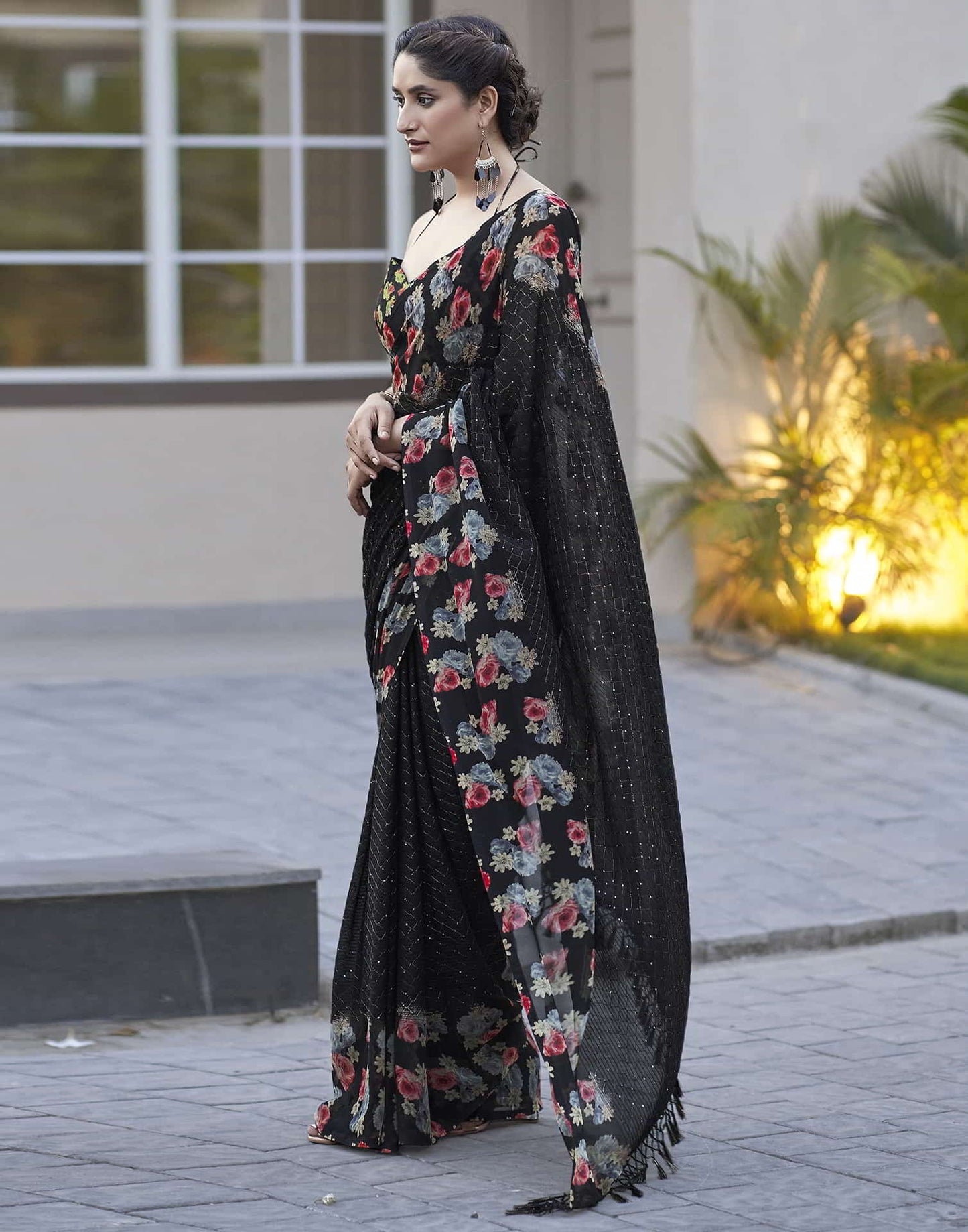 Black Sequence Georgette Floral Saree