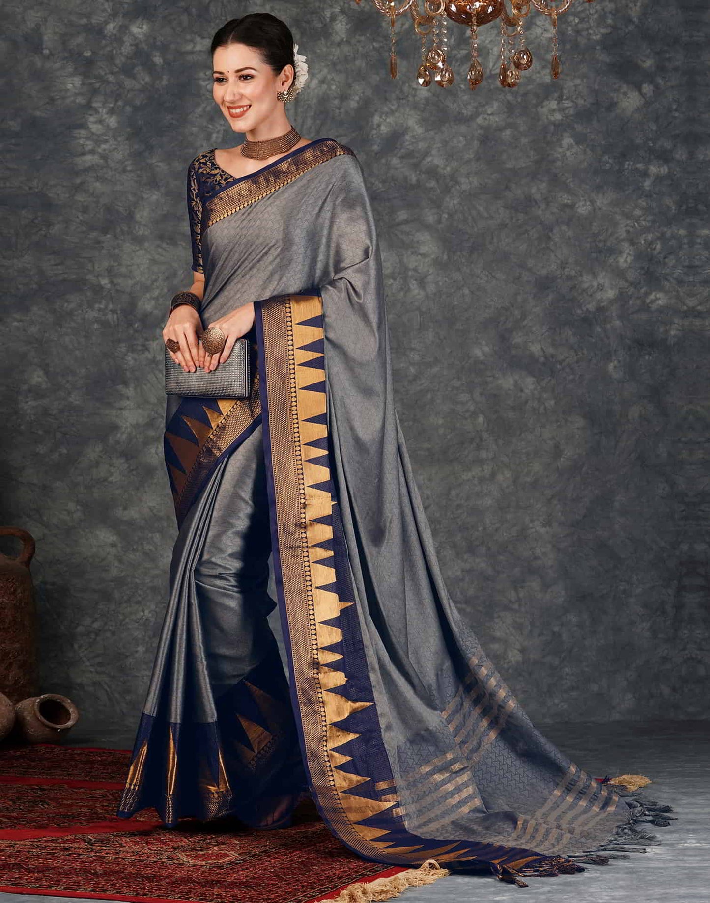 Grey Banarasi Silk Woven Saree