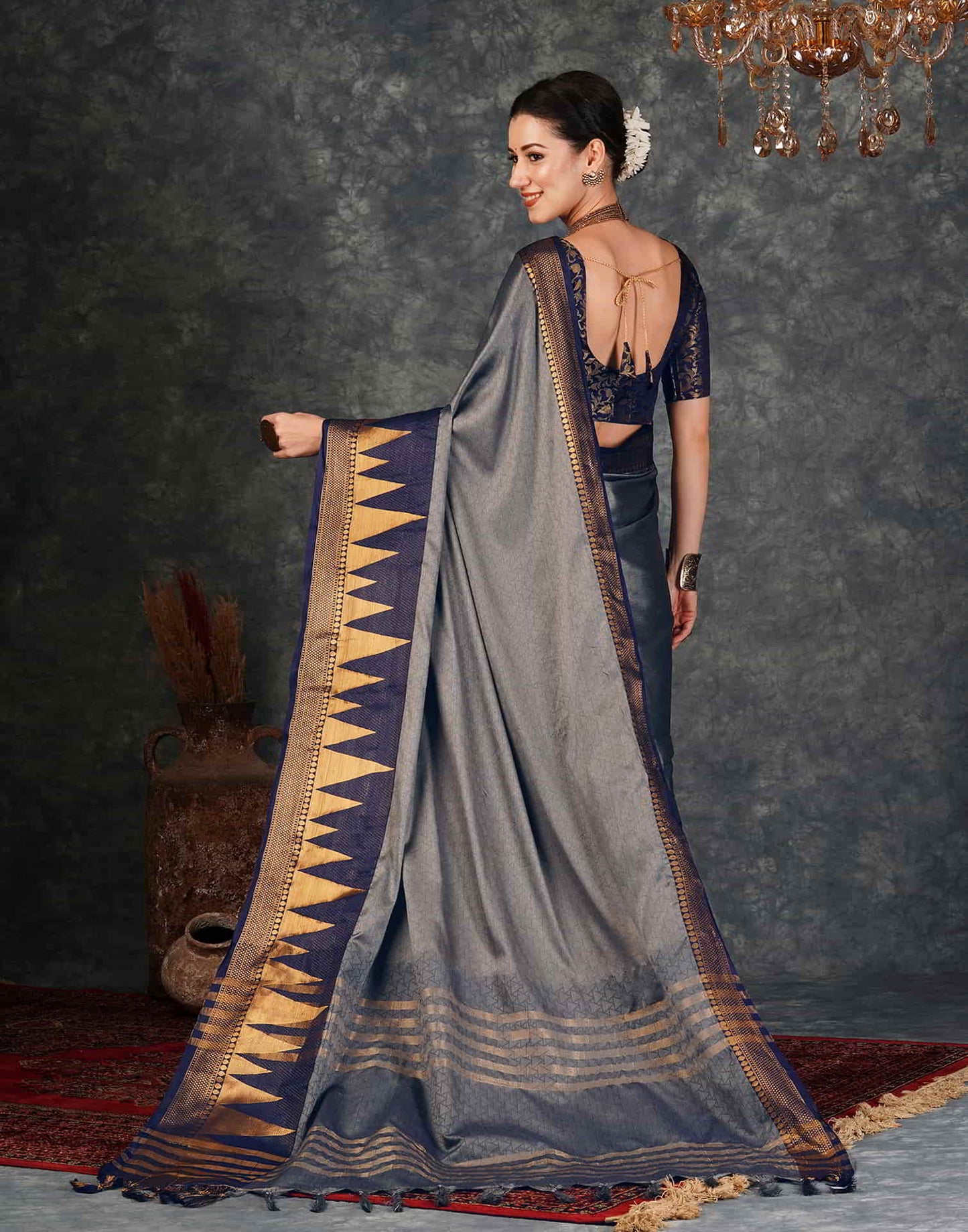 Grey Banarasi Silk Woven Saree