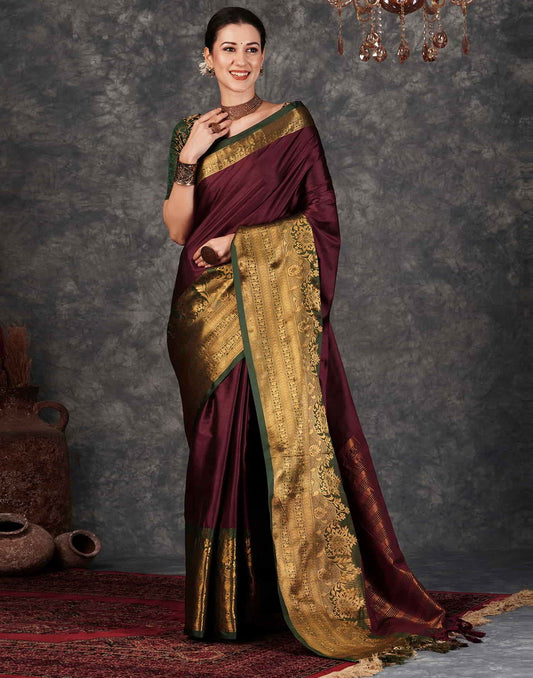 Wine Banarasi Silk Woven Saree