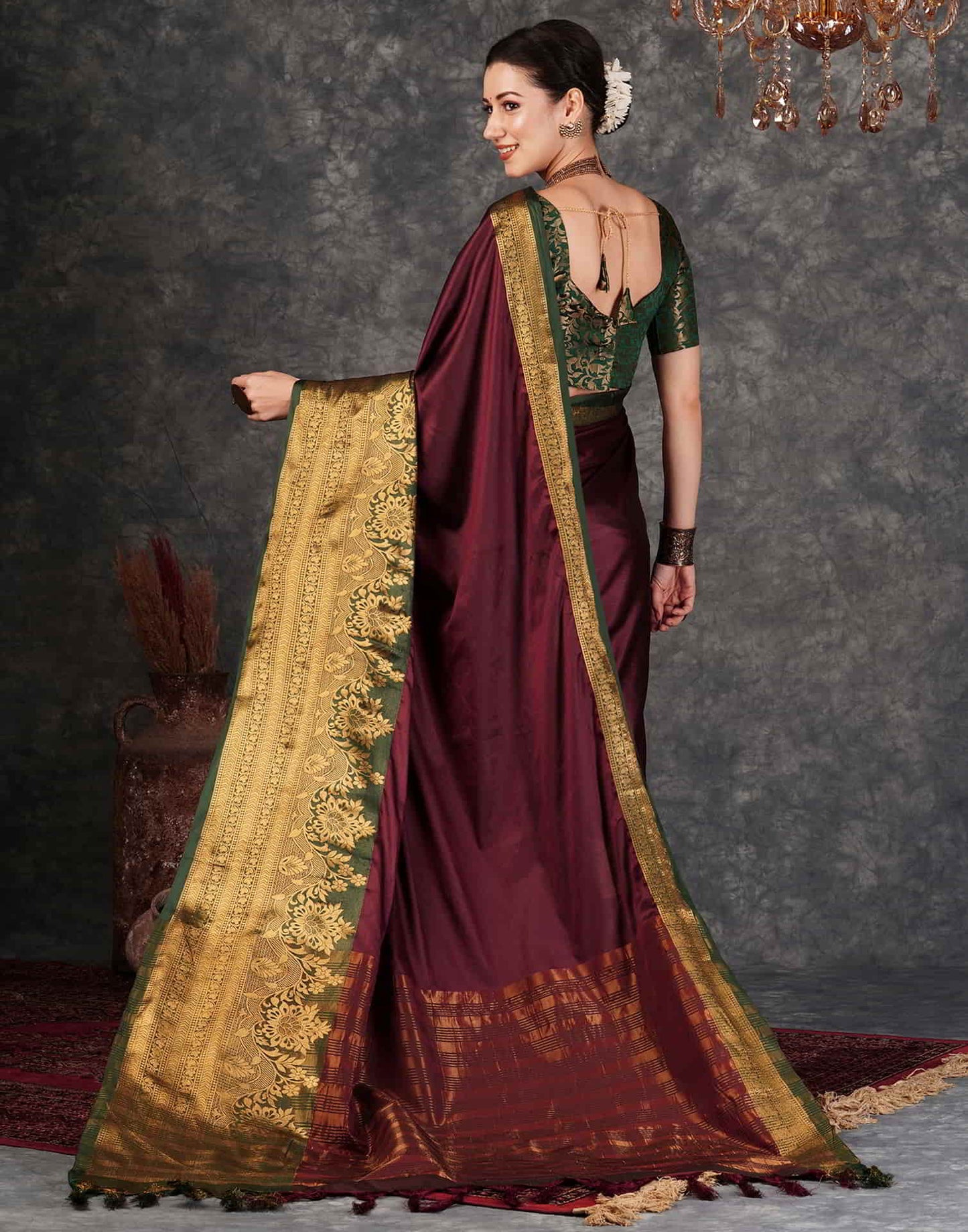 Wine Banarasi Silk Woven Saree