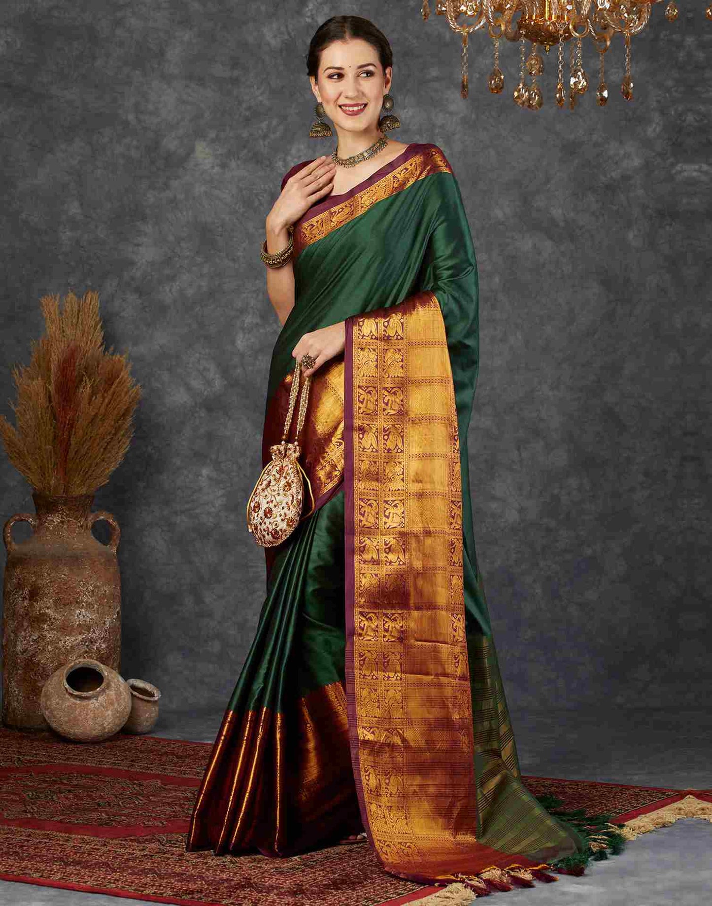 Olive Green Silk Zari Kanjivaram Saree