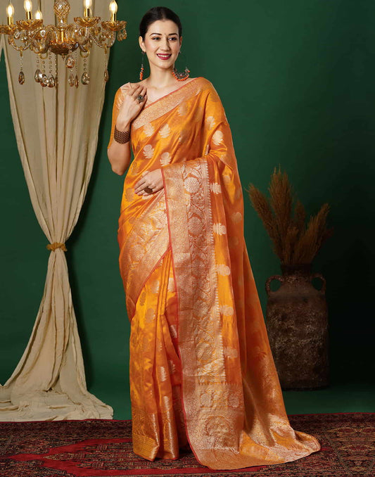 Yellow Banarasi Silk Woven Saree