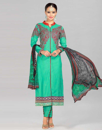 Green Glace Cotton Embroidered Unstitched Salwar Suit | Sudathi