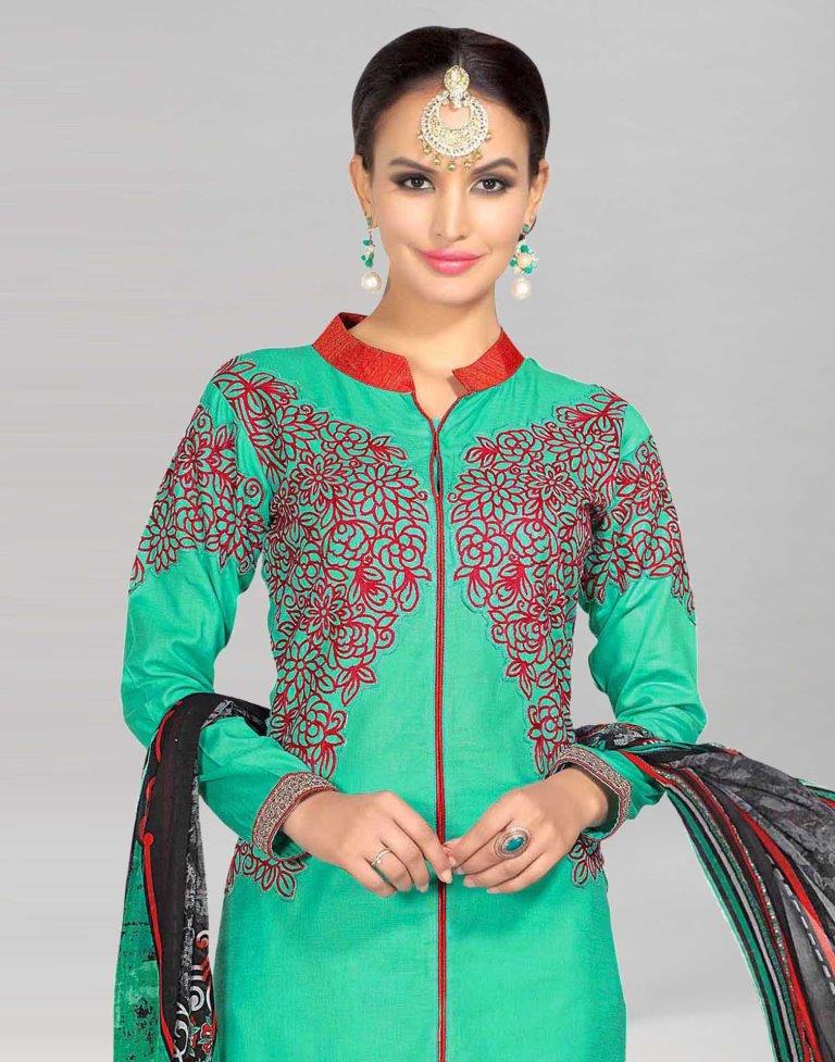 Green Glace Cotton Embroidered Unstitched Salwar Suit | Sudathi