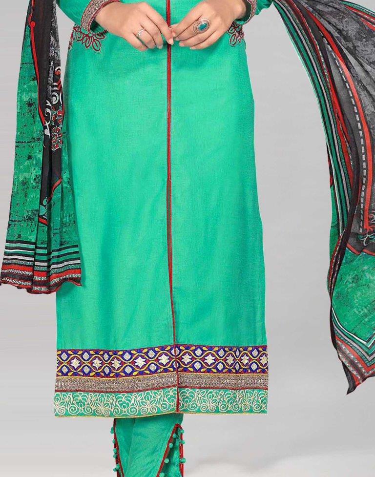 Green Glace Cotton Embroidered Unstitched Salwar Suit | Sudathi