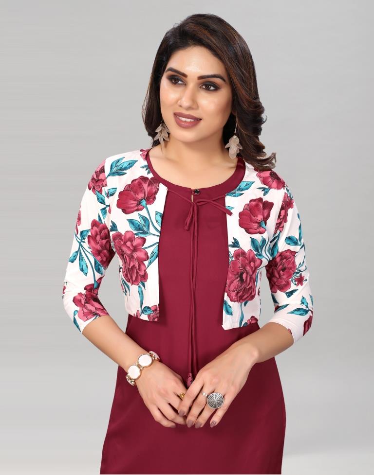 Maroon Kurta with Printed Jacket | Leemboodi