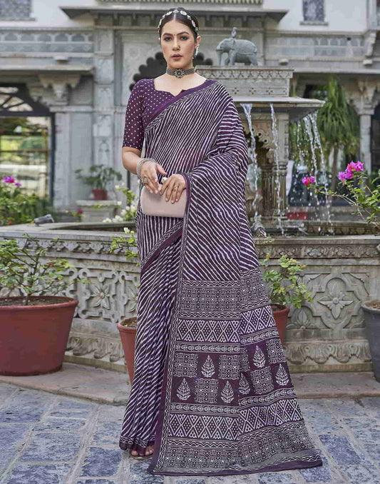 Wine Printed Cotton Leheriya Saree