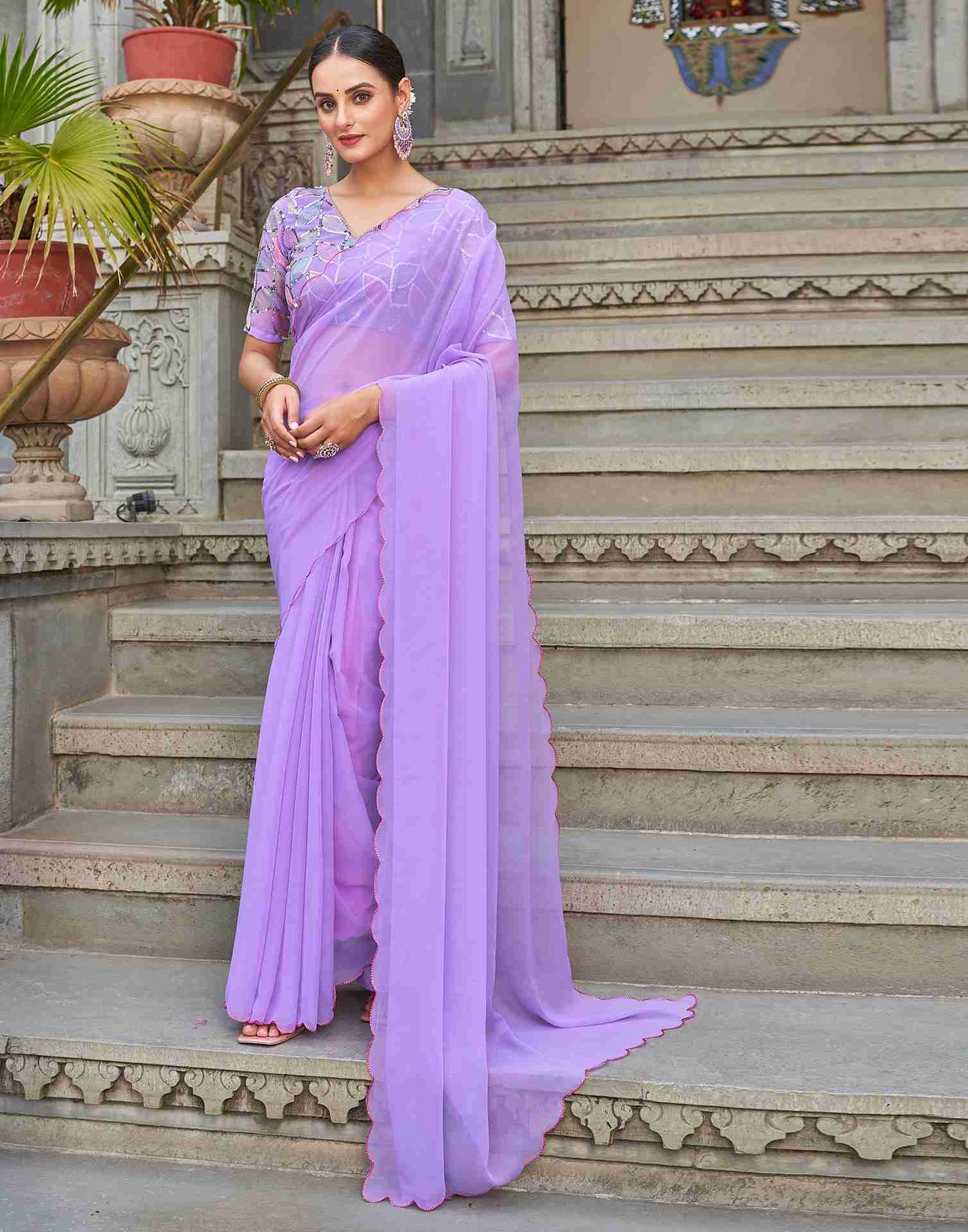 Lavender Plain Georgette Saree