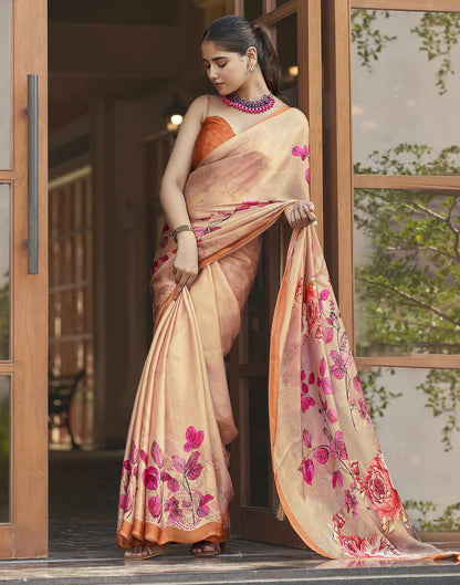 Beige Printed Satin Saree