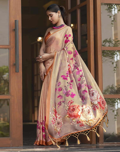 Beige Printed Satin Saree