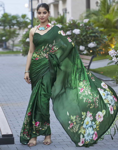 Green Printed Satin Saree