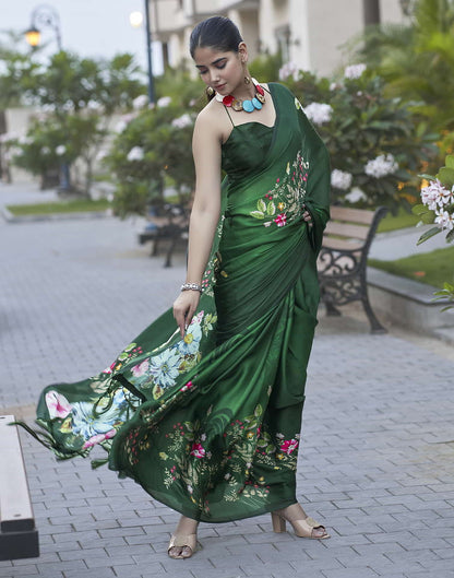Green Printed Satin Saree