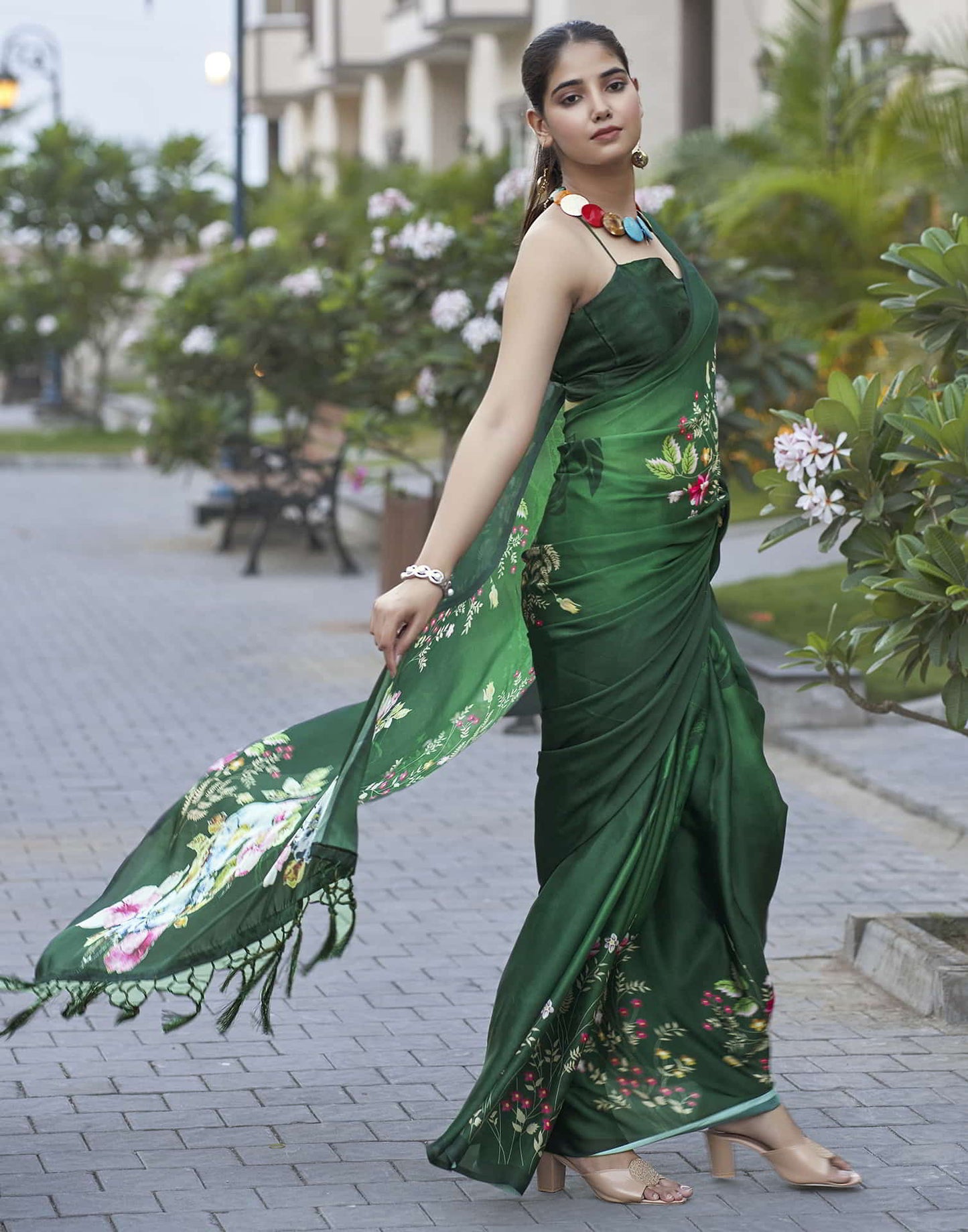 Green Printed Satin Saree