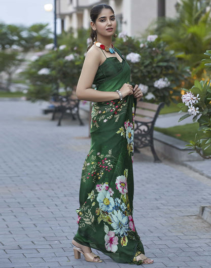 Green Printed Satin Saree