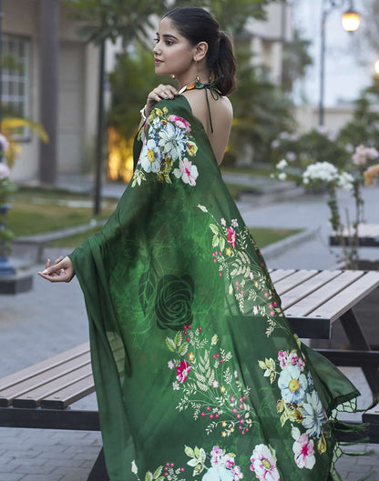Green Printed Satin Saree