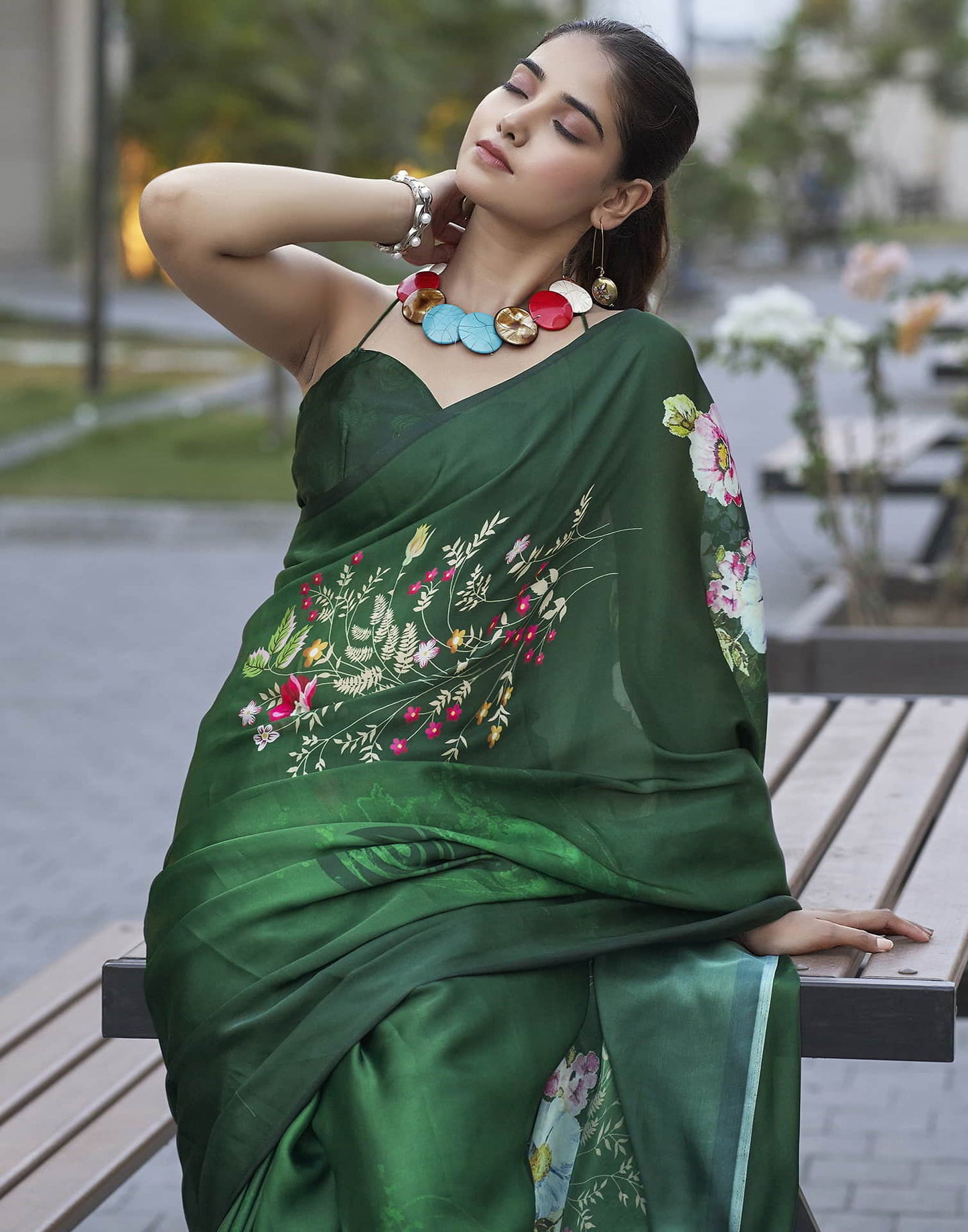 Green Printed Satin Saree