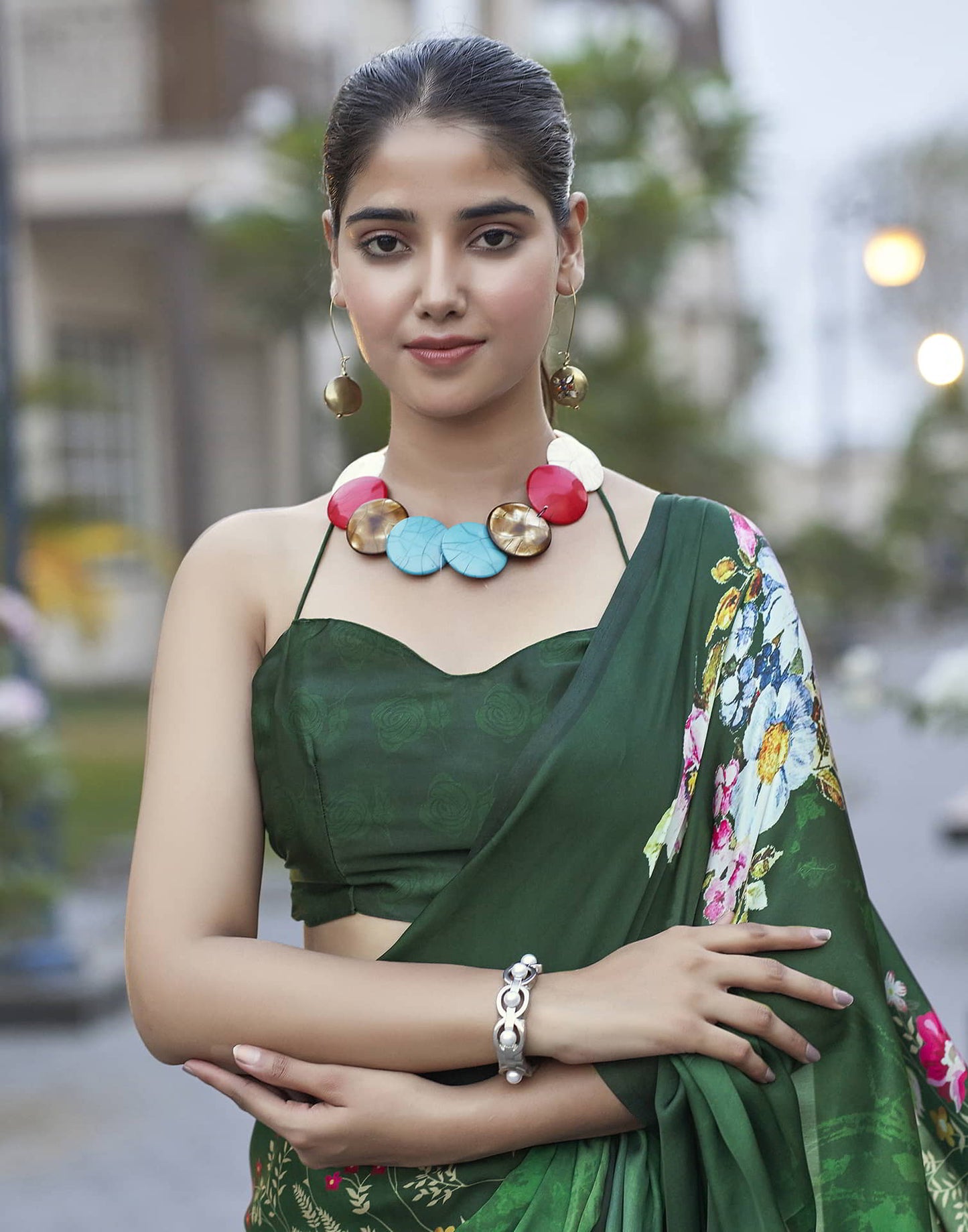 Green Printed Satin Saree