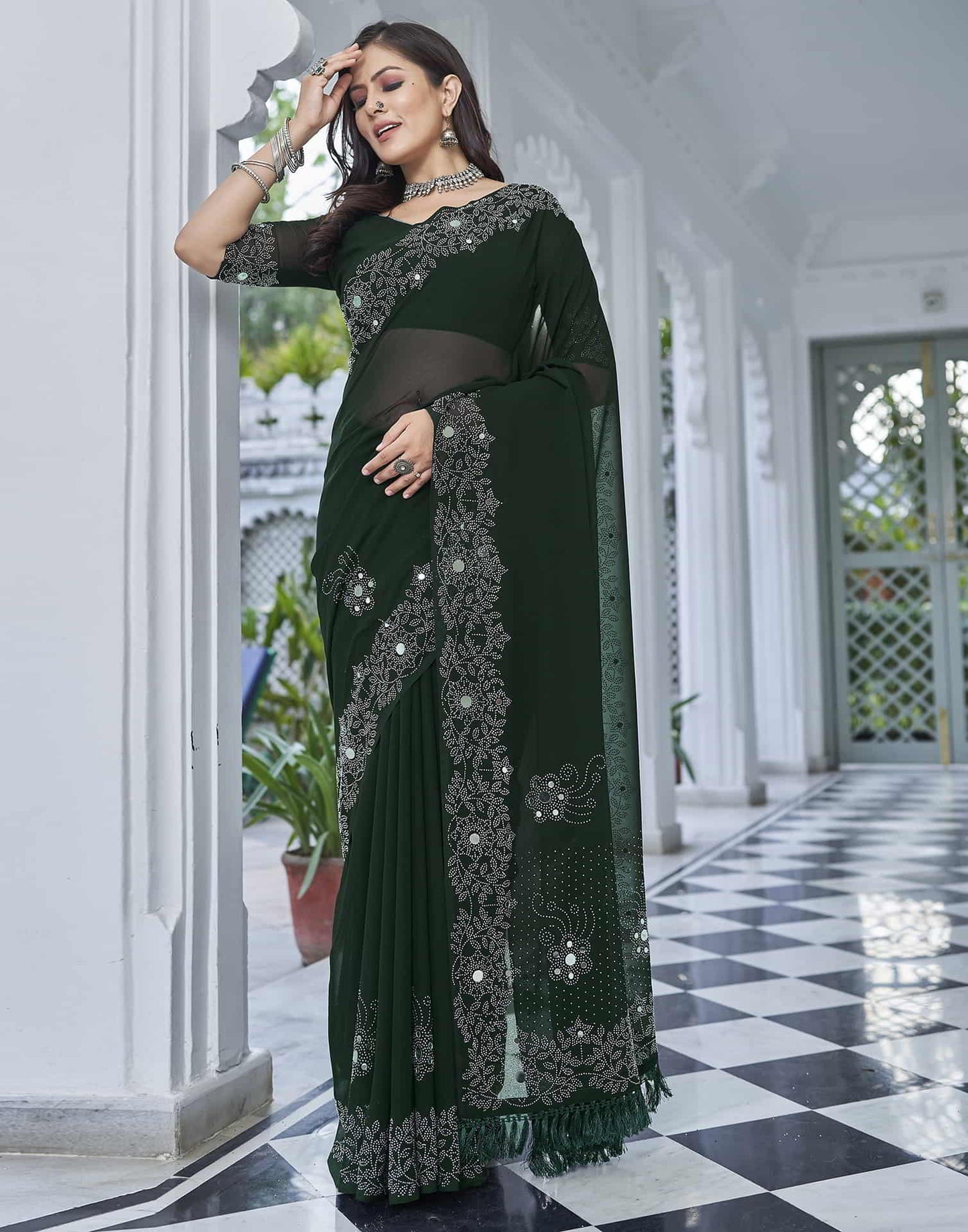 Green Swarovski Georgette Stone Work Saree