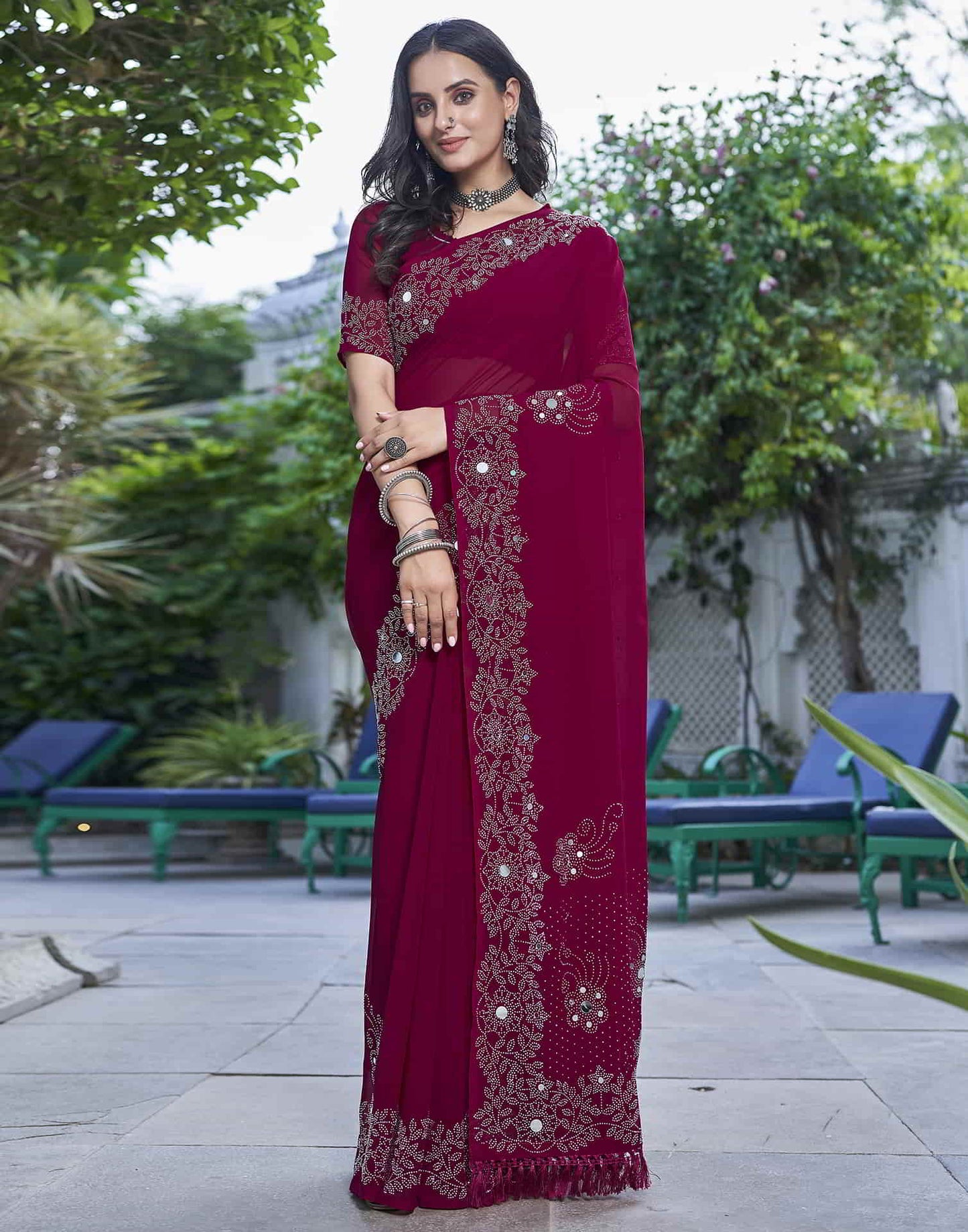 Pink Swarovski Georgette Stone Work Saree