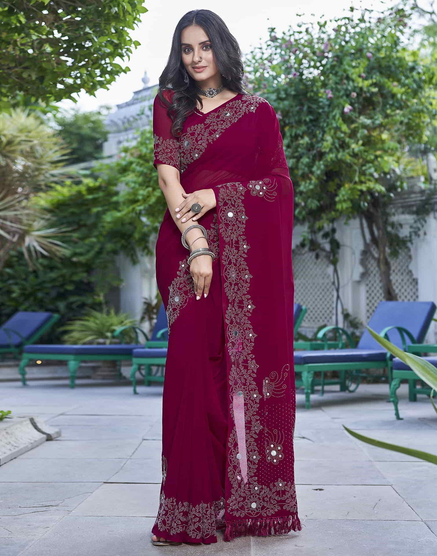 Pink Swarovski Georgette Stone Work Saree