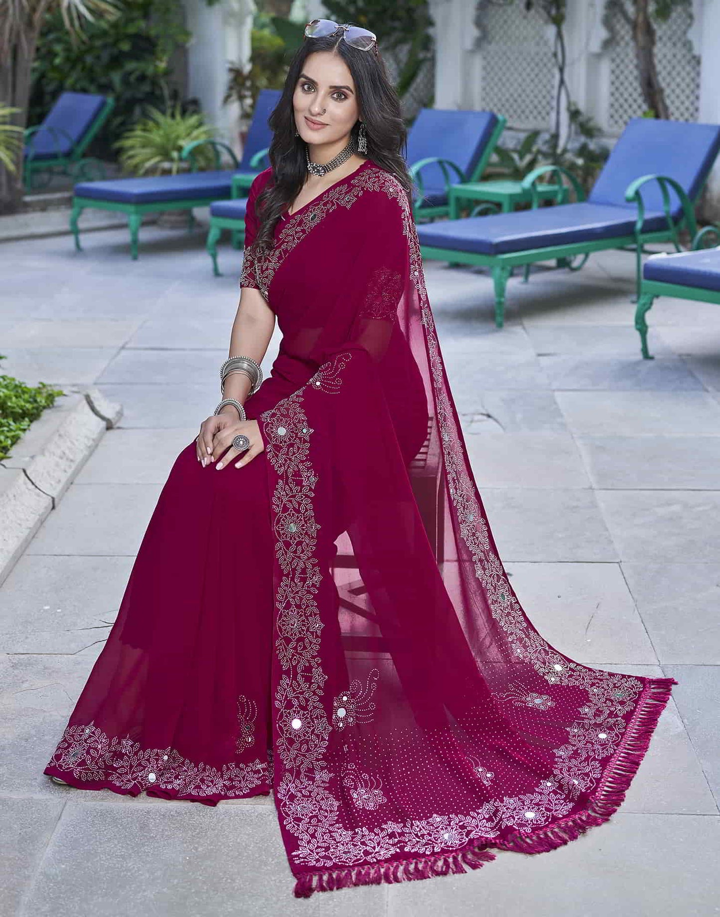 Pink Swarovski Georgette Stone Work Saree