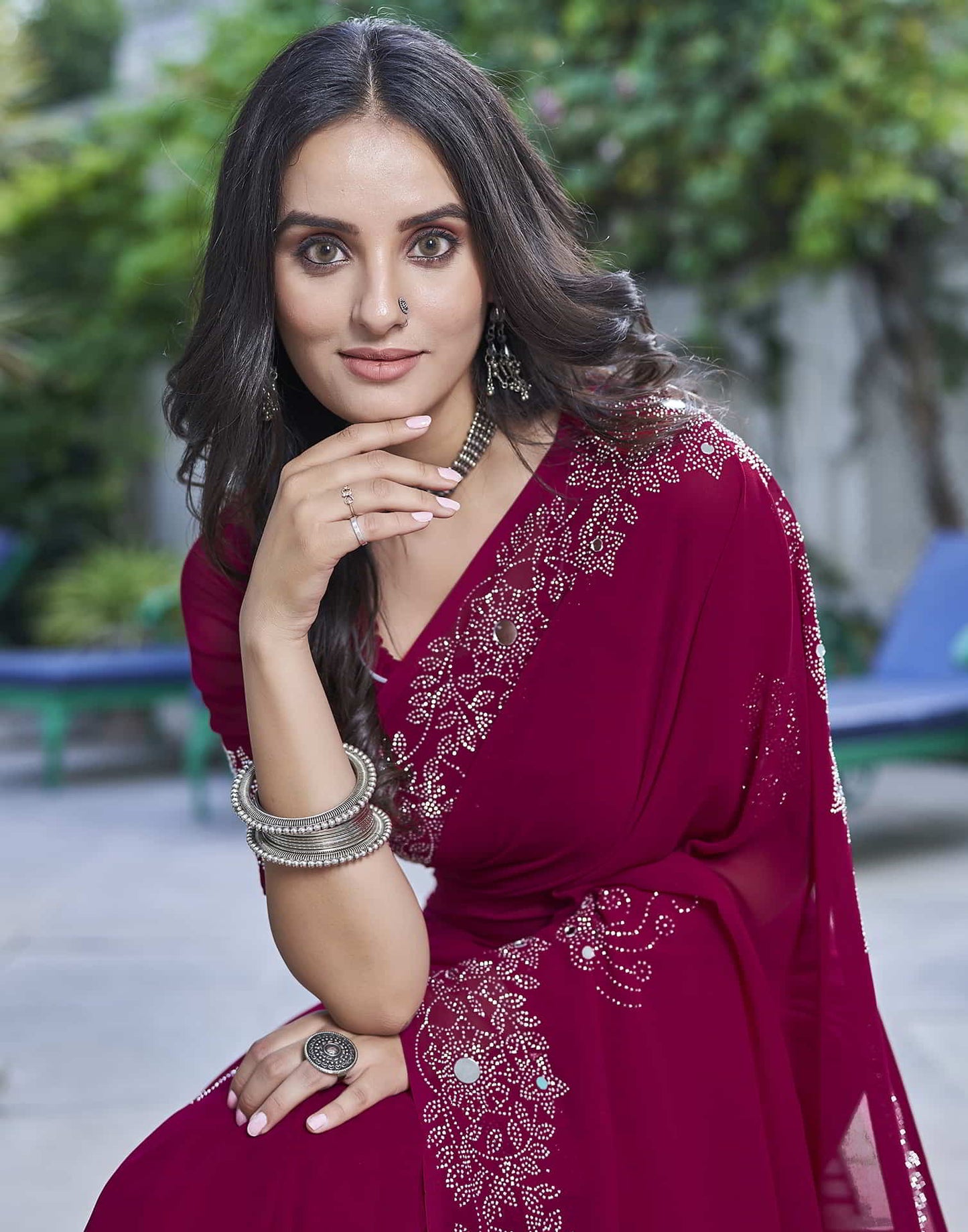 Pink Swarovski Georgette Stone Work Saree